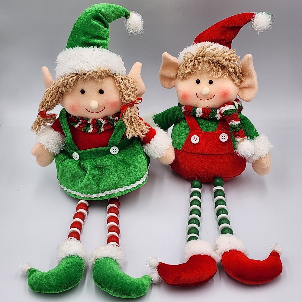 Christmas‎ Shelf Sitter Elf Plush 2 Pc Red Green Beaded Leg Holiday Decor 18"